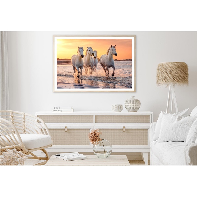White Horses Running Through the Water at Sunset Home Decor Premium Quality Poster Print Choose Your Sizes