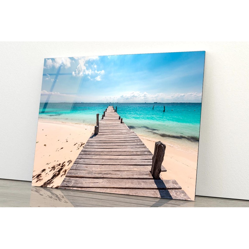 Wooden Pier on Caribbean Beach, Cancun, Isla Mujeres Acrylic Glass Print Tempered Glass Wall Art 100% Made in Australia Ready to Hang