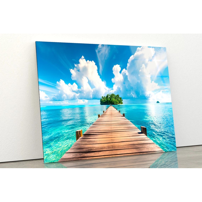 Wooden Pier to An Island in Ocean  Acrylic Glass Print Tempered Glass Wall Art 100% Made in Australia Ready to Hang