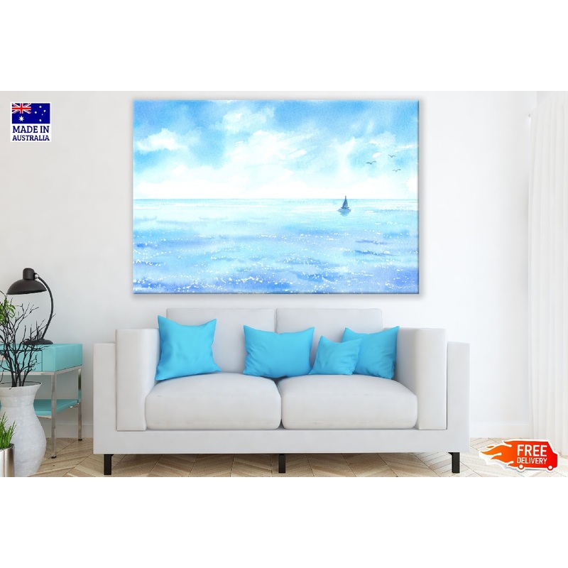 Blue Beach with Boat Watercolor Painting Print 100% Australian Made