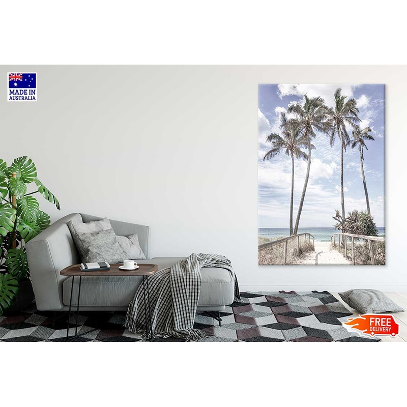 Tall Palm Trees & Fence Near Sea Photograph Print 100% Australian Made