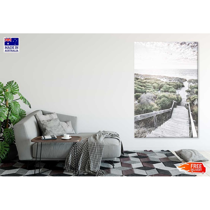 Wooden Steps to Sea Shore View Print 100% Australian Made
