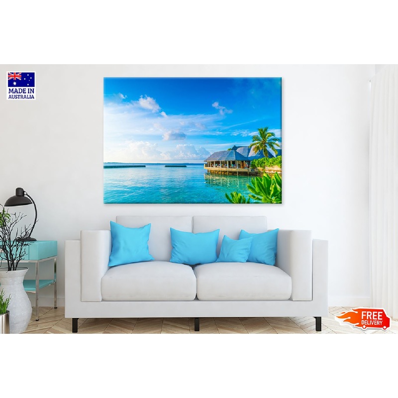 Atoll Bungalow with Blue Sky View Photograph Print 100% Australian Made