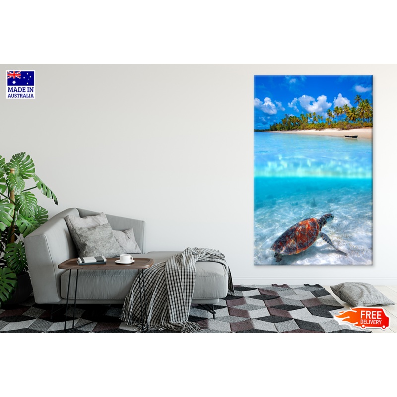 Turtle Under Sea & Boat On Sea Shore Palm Trees View Print 100% Australian Made