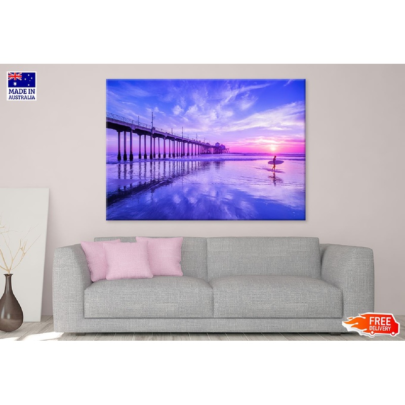 Wooden Pier on Sea & Pink Sky View Photograph Print 100% Australian Made