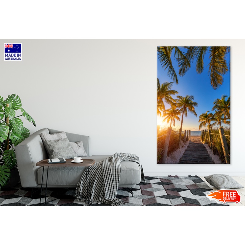 Wooden Pier & Palm Trees Sea Sky View Print 100% Australian Made