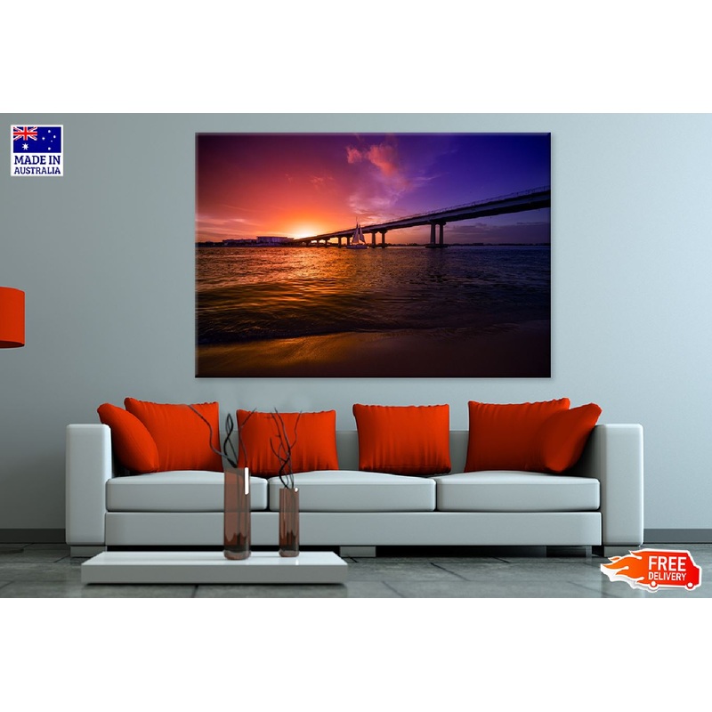 Beam Bridge with Sunset Sea View Photograph Print 100% Australian Made