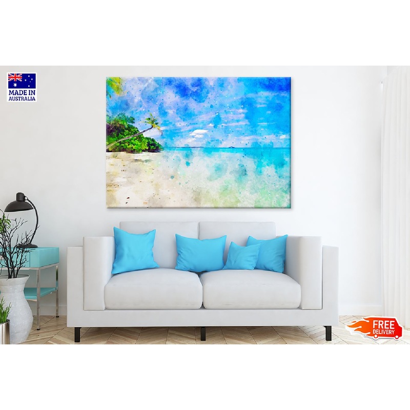 Blue Sea & Palm Tree Watercolor Painting Print 100% Australian Made