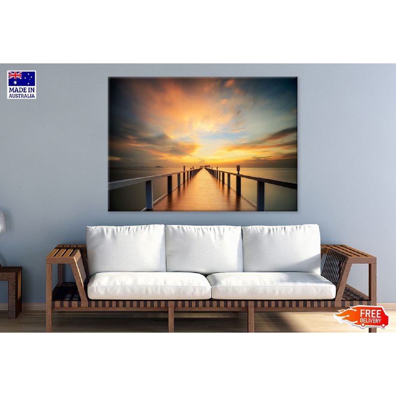 Wooded Bridge by Sea with Sunset View Photograph Print 100% Australian Made