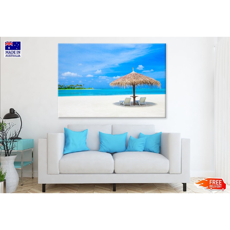 Beds & Umbrella Near Maldives Sea Photograph Print 100% Australian Made