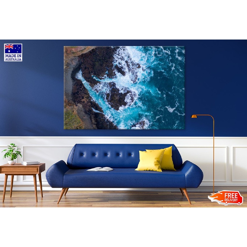 Blue Sea Waves on Rocks Aerial View Photograph Print 100% Australian Made