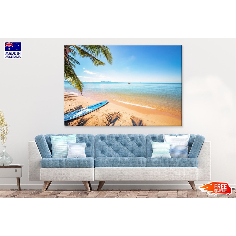 Surfboard Near Sea with Palm Tree Photograph Print 100% Australian Made