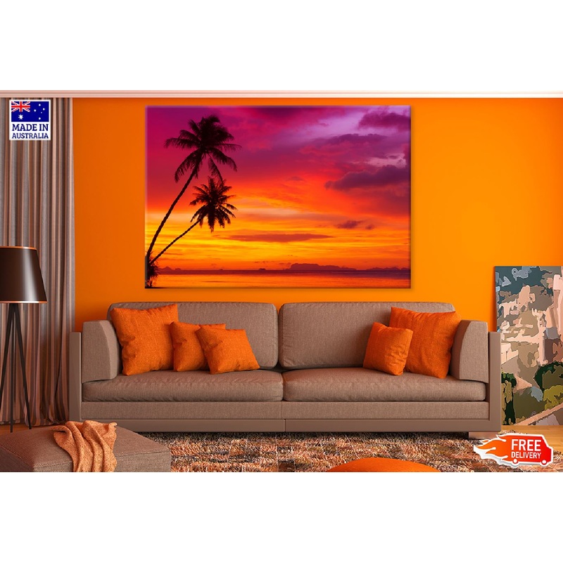 Two Palm Trees on Sunset Beach View Photograph Print 100% Australian Made