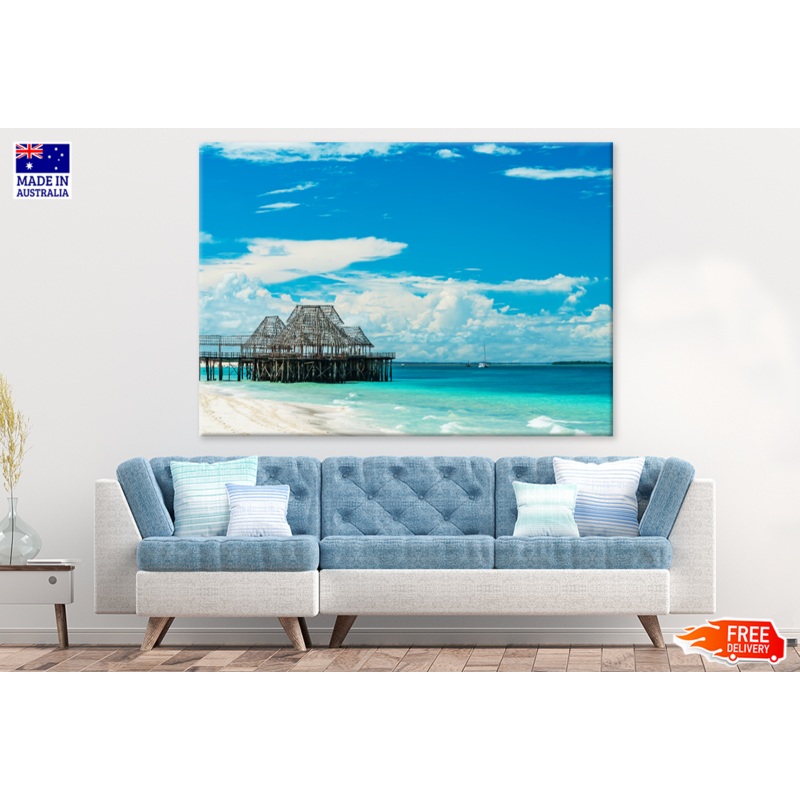 Wooden Pier On Sea Sky View Print 100% Australian Made