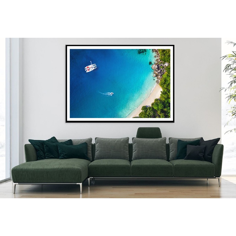 Yacht in Bay with Beach Aerial View Photograph Home Decor Premium Quality Poster Print Choose Your Sizes
