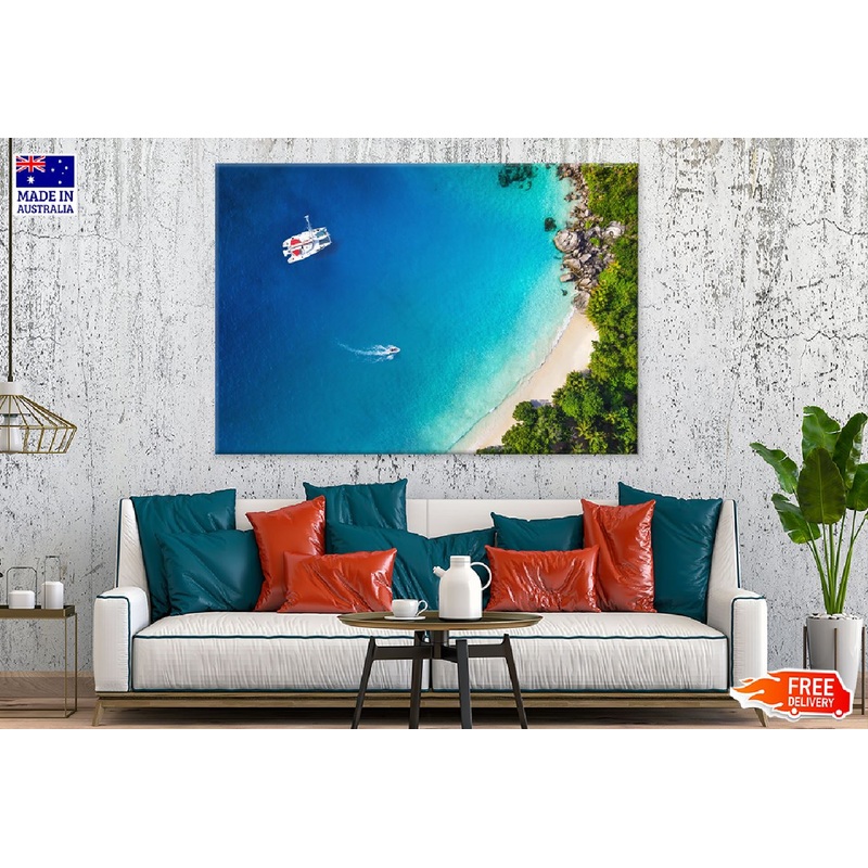 Yacht in Bay with Beach Aerial View Photograph Print 100% Australian Made