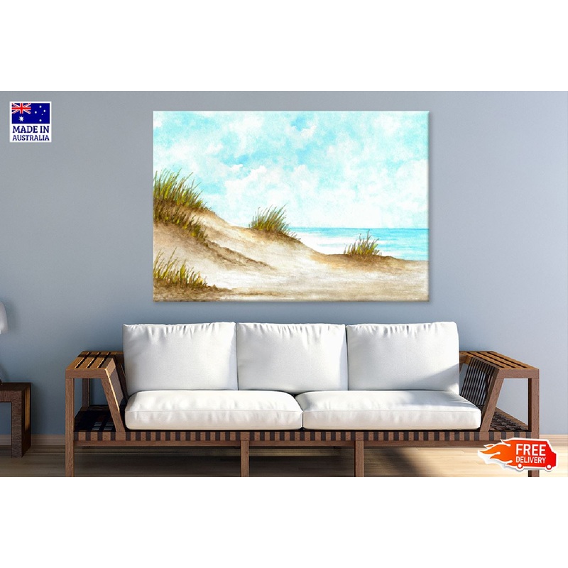 Beach over Cloudy Sky Watercolor Painting Print 100% Australian Made