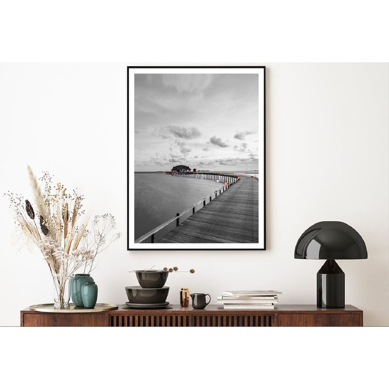 Wooden Pier Villas on Sea B&W Photograph Home Decor Premium Quality Poster Print Choose Your Sizes