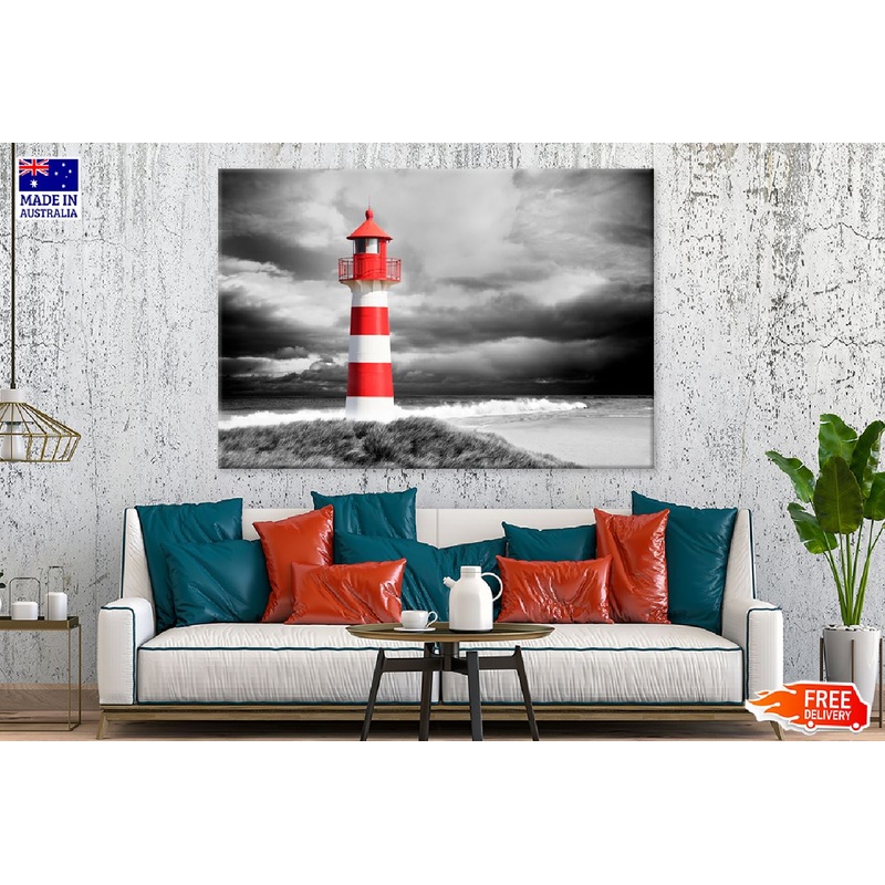 White Red Lighthouse near Sea B&W Photograph Print 100% Australian Made