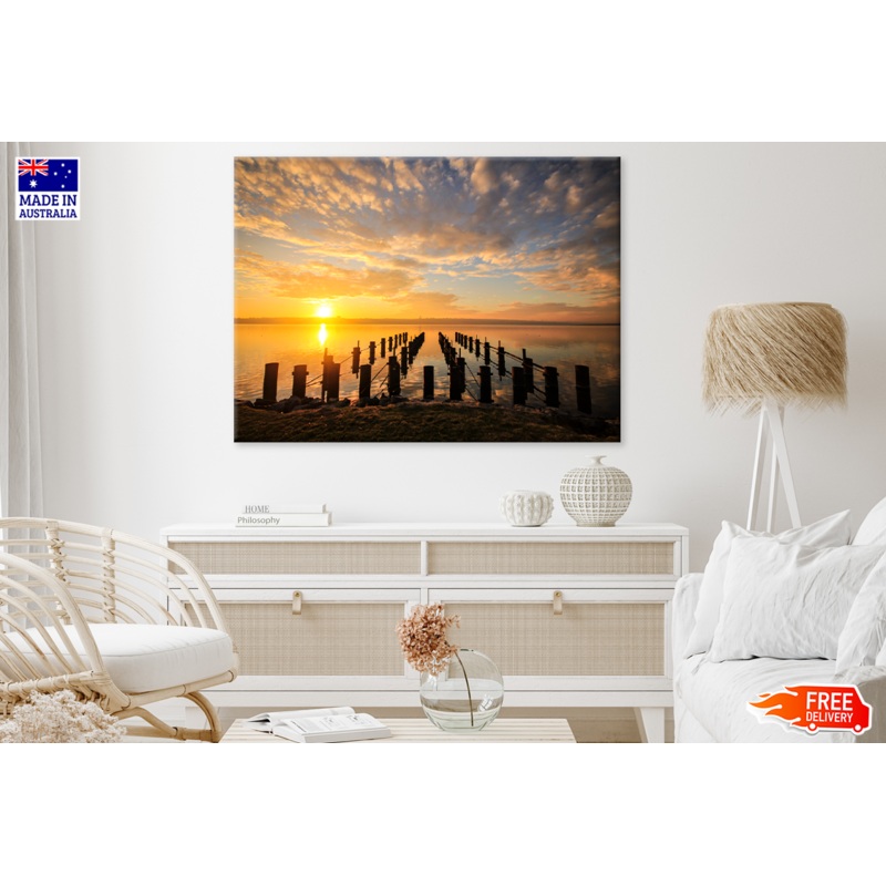 Wooden Pier On Sea Sunset View Print 100% Australian Made