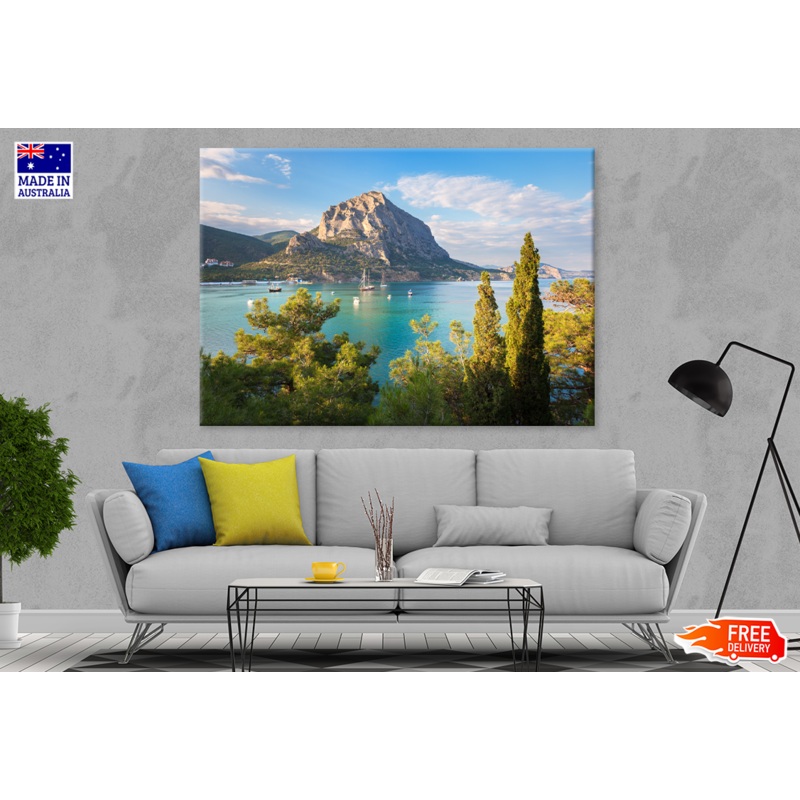 Boat & Rock On Sea Cloudy View Print 100% Australian Made