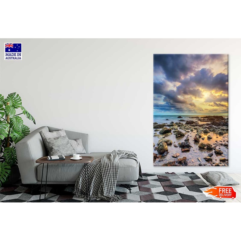 Sunset on Rocky Beach Scenery View Print 100% Australian Made