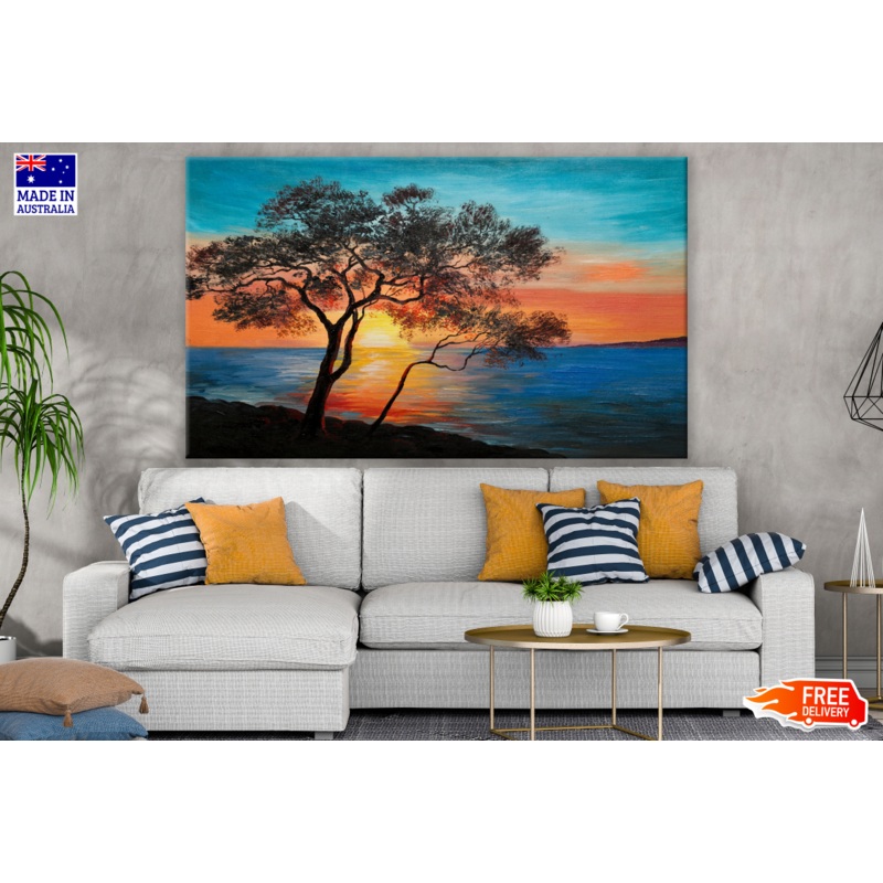 Tree Near Beach Sunset Painting Print 100% Australian Made