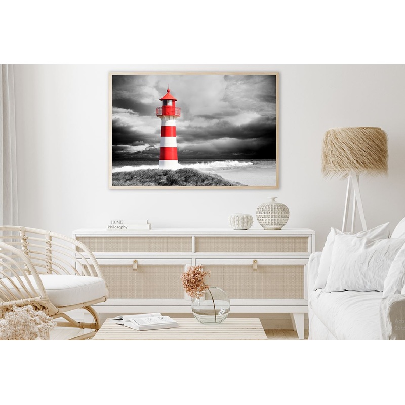 White Red Lighthouse near Sea B&W Photograph Home Decor Premium Quality Poster Print Choose Your Sizes