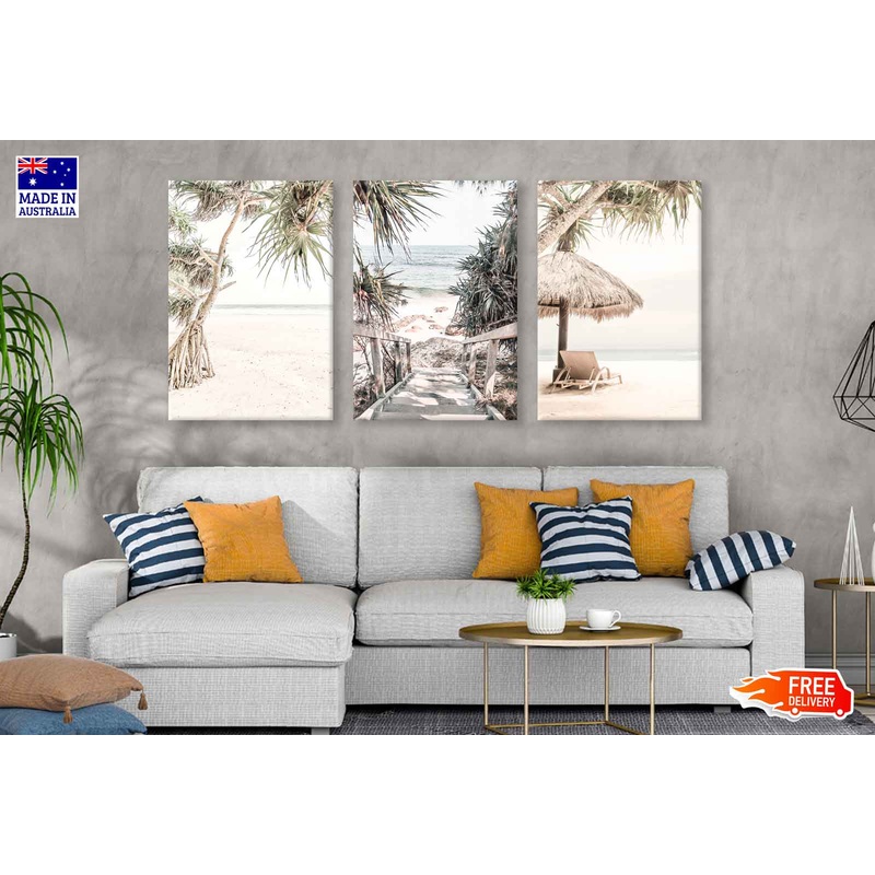 3 Set of Beach with Trees View High Quality Print 100% Australian Made Wall Canvas Ready to Hang