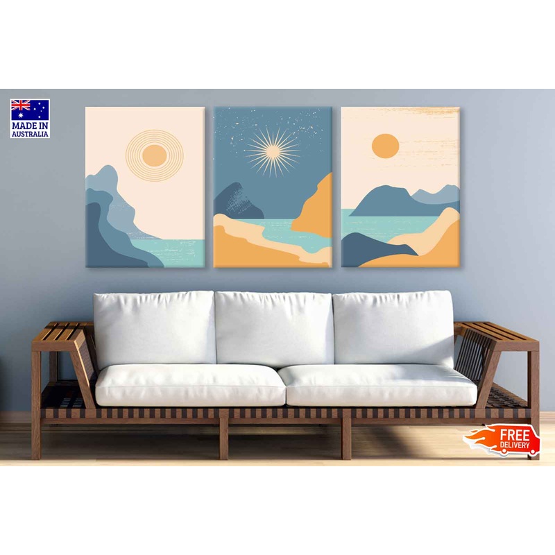 3 Set of Sea Sky Mountain Vector Illustration High Quality Print 100% Australian Made Wall Canvas Ready to Hang