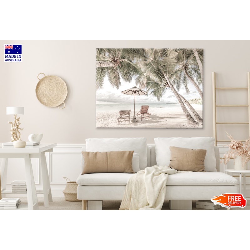 Beach Huts & Plam Trees Sea View Print 100% Australian Made