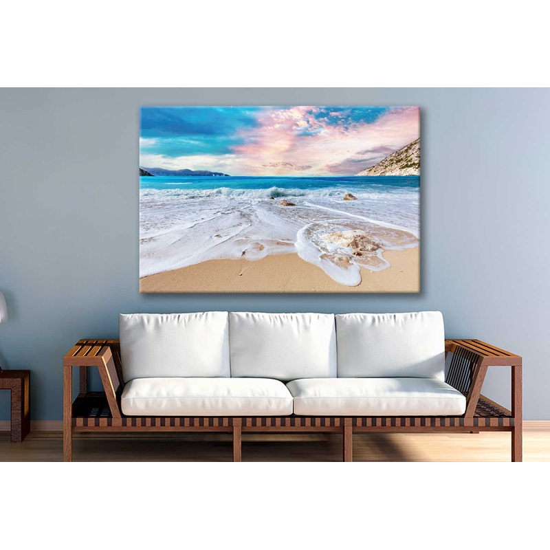 Bella Home Myrtos Seawaves With Pink & Blue Sky Print Canvas Ready to hang