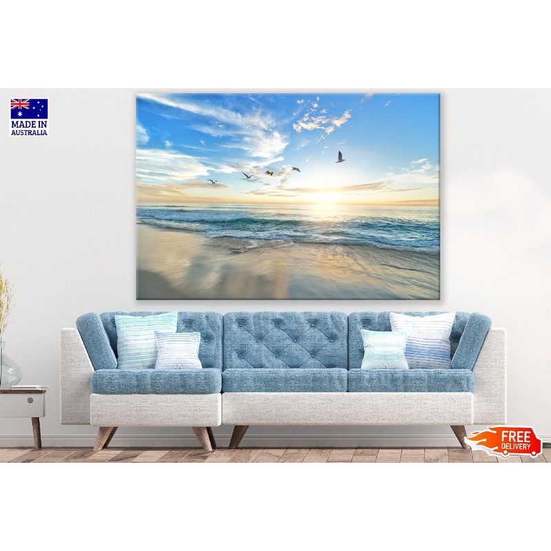 Birds Flying on Blue Sky with Sea View Photograph Print 100% Australian Made