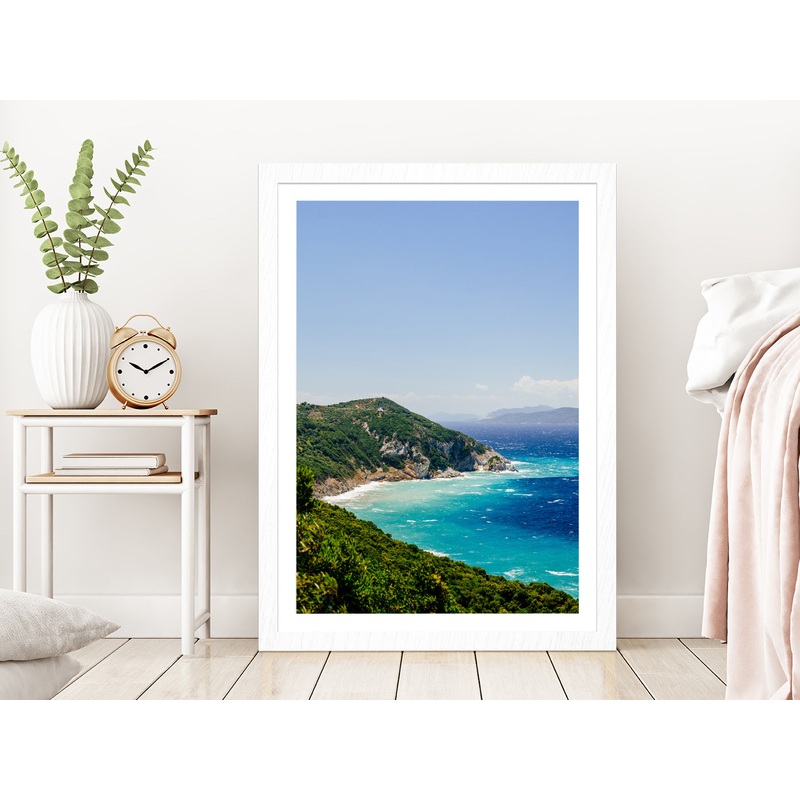 Blue Aegean Sea Coast &Wild Cliff Glass Framed Wall Art, Ready to Hang Quality Print