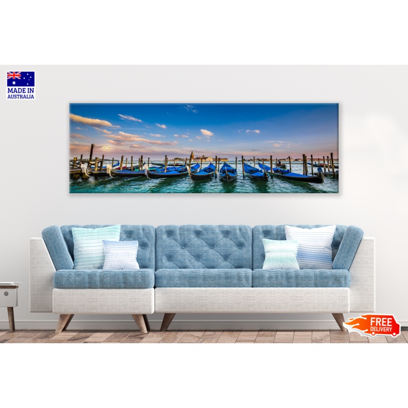 Panoramic Canvas Gondola Boats on Canal with Historic Basilica in Venice, Italy High Quality 100% Australian made wall Canvas Print ready to hang