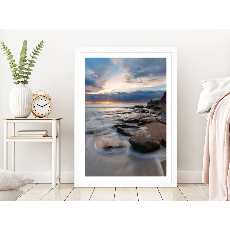 Sunrise View Of Rocky Coastline Glass Framed Wall Art, Ready to Hang Quality Print