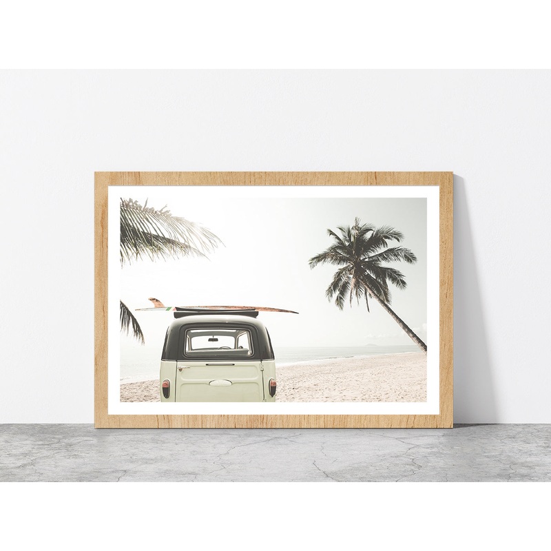 Surf Board on Vintage Van & Palm Tree near Sea Glass Framed Wall Art, Ready to Hang Quality Print
