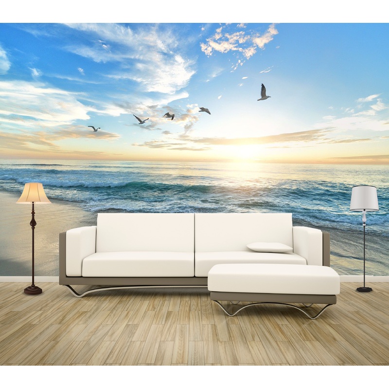 Wallpaper Murals Peel and Stick Removable Beach Sunset with birds High Quality