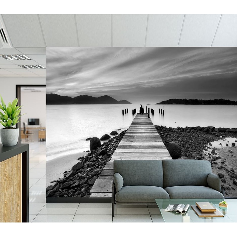 Wallpaper Murals Peel and Stick Removable Wooden Pier Over Beach B&W Photograph High Quality