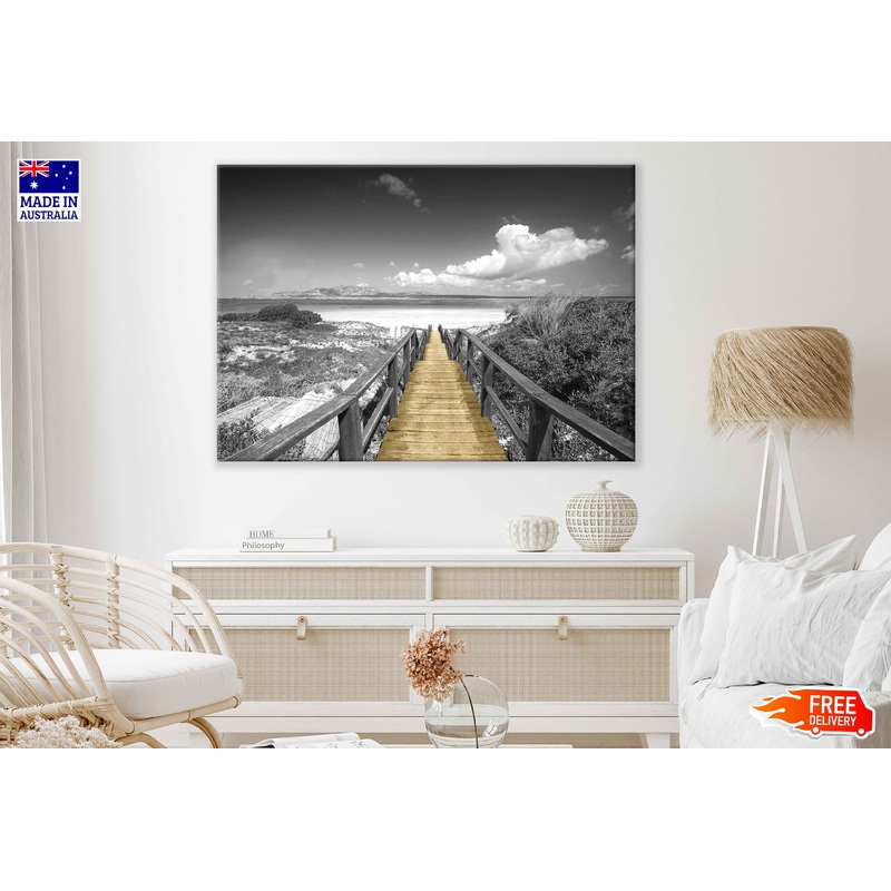 Wooden Path to Beach B&W View Photograph Print 100% Australian Made